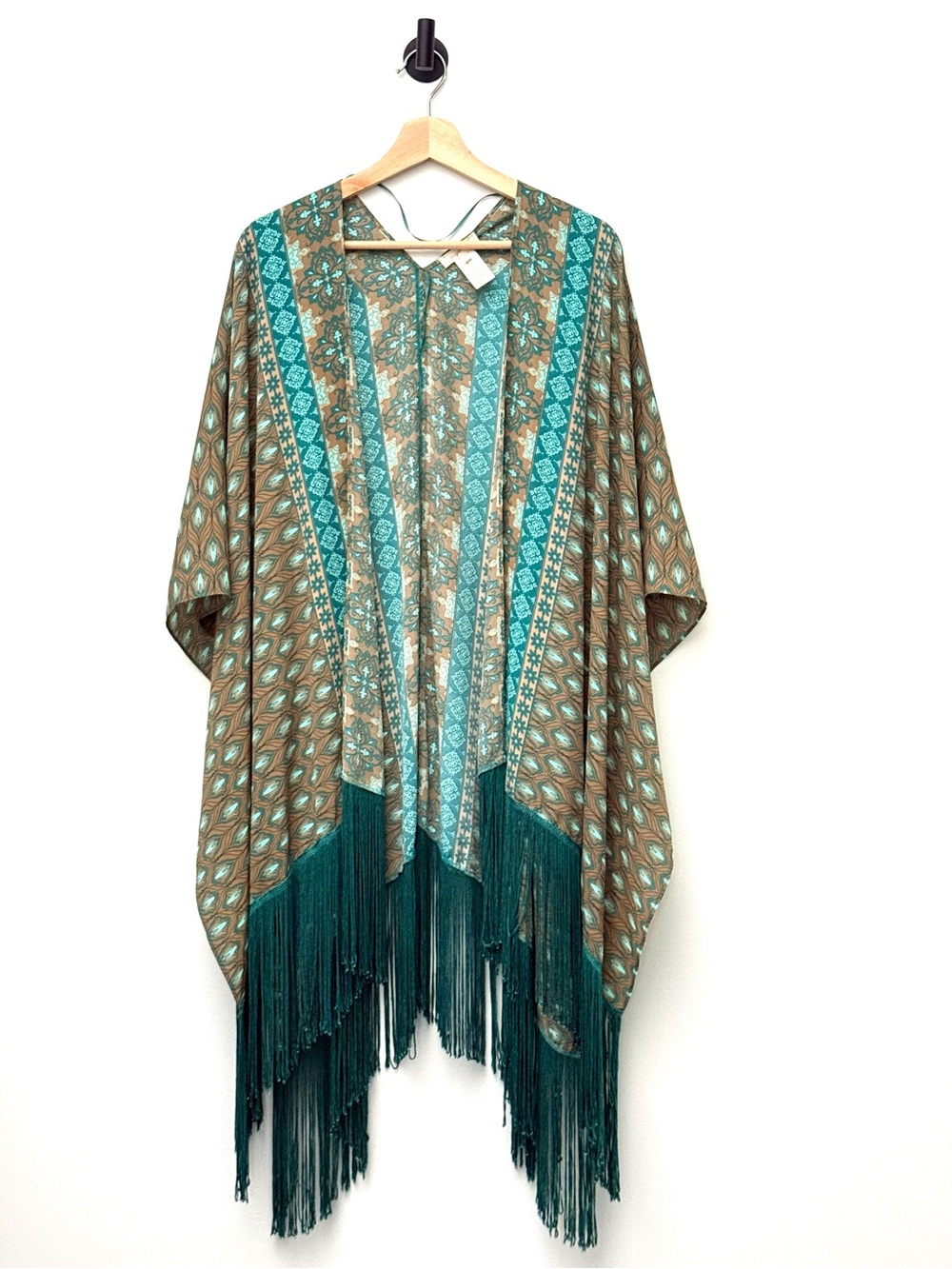 Mystree Boho Fringe Kimono Cardigan One Size Teal & Taupe Festival Duster